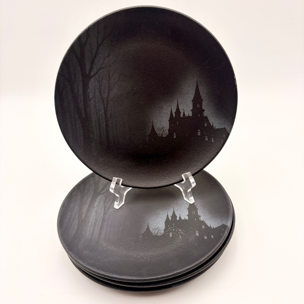 Mesa Brasil Halloween Gothic Haunted Castle Black Matte Salad Plates Set of 4